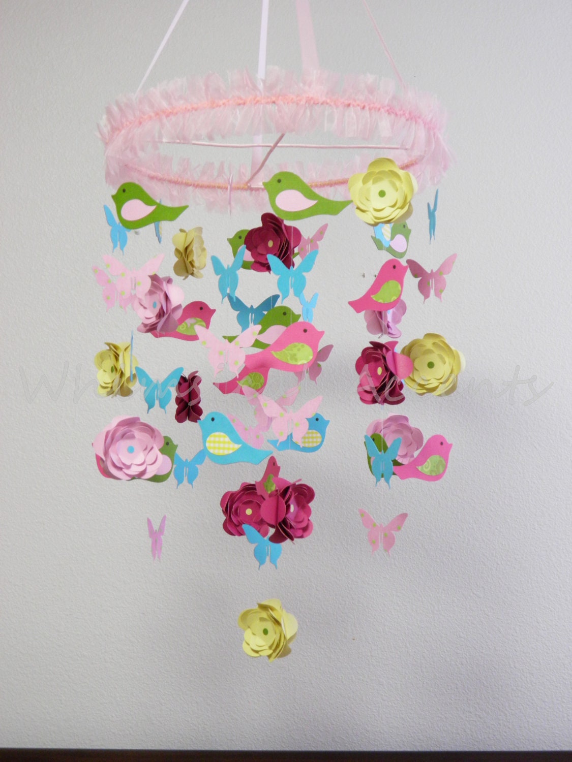 Spring Bird, Butterfly and Flower Decorative Mobile in Pinks