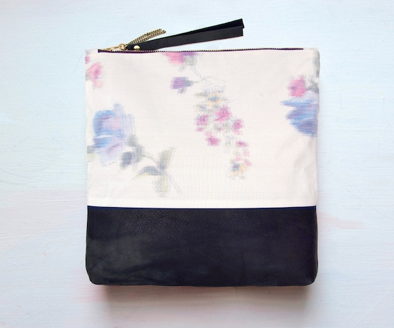 WATER Paints Pastel Leather Clutch. Large Make Up Bag. Watercolor Clutch