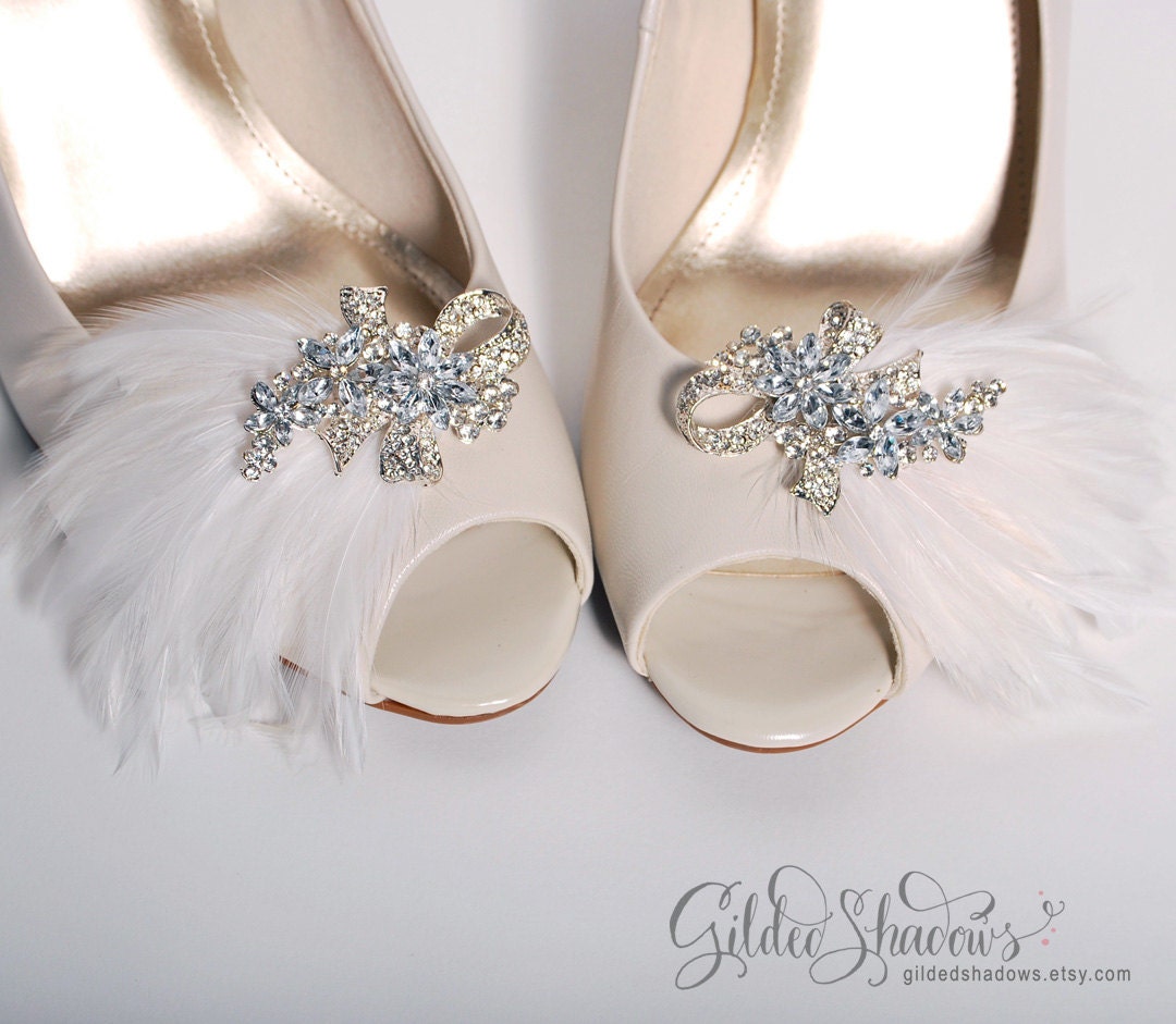 white, Ivory bridal shoe clips, wedding shoe clips, rhinestone shoe, feather shoe clips, shoe embellishments, bridesmaid shoes - CHARLOTTE