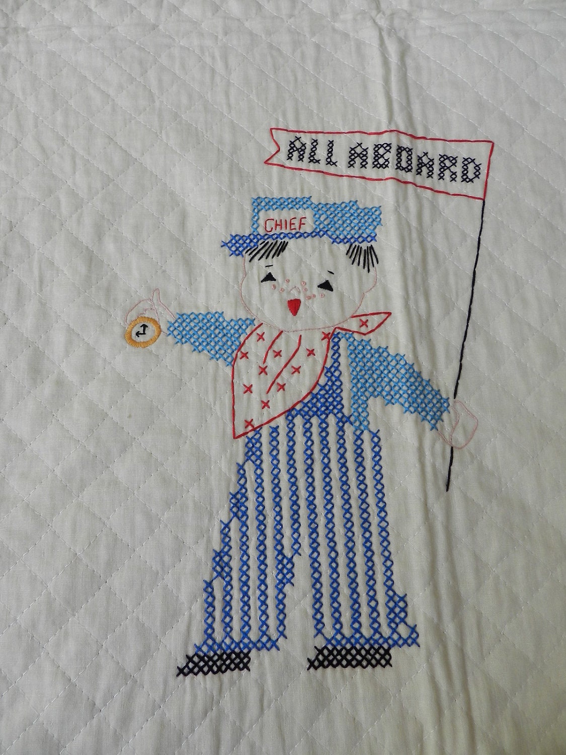 Vintage Bucilla Cross Stitch Quilted Bedspread for Children Steam Trains All Board Depot