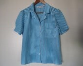 blue white silky pajama top stripe short sleeve collar button down breast pockets XS S M candy stripe silk