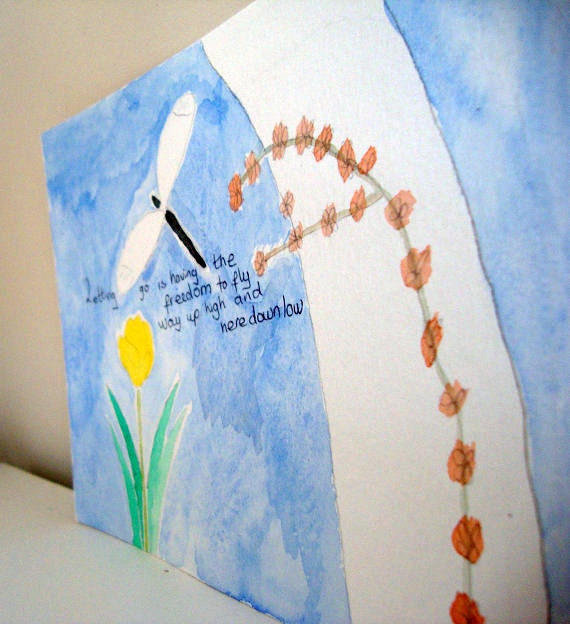Original Nature and Dragon fly Watercolor Painting and Verse - One of a Kind - 'Letting Go'
