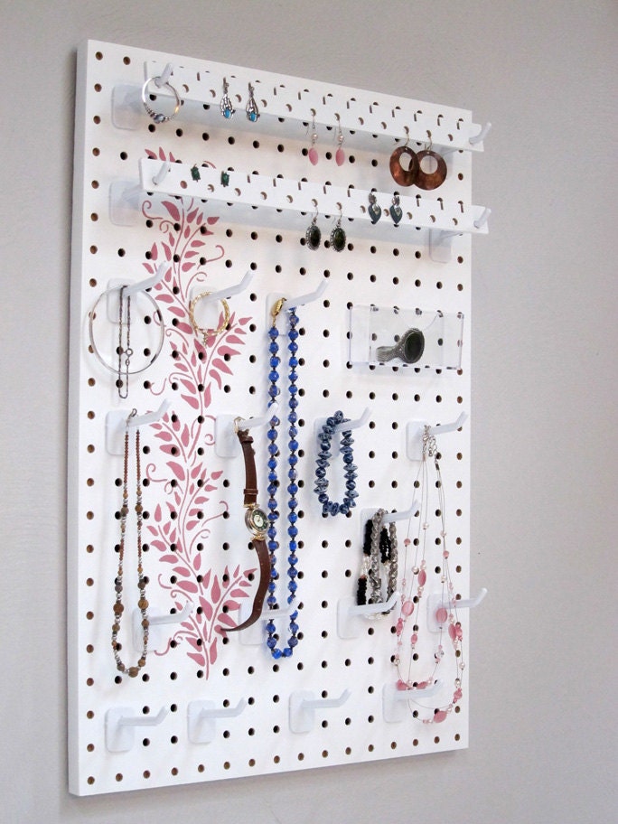Jewelry Organizer - Necklace Holder - Earring Holder -- White with Pink Vine Design