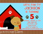 Cute Boys Puppy Party Invitations-Pawty-Light Blue Boys Birthday Invitations