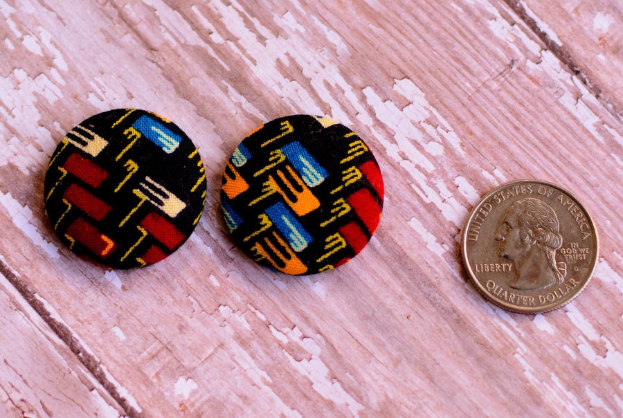 Hypoallergenic Earrings: Dice Ankara african wax fabric button earrings, orange, blue and white