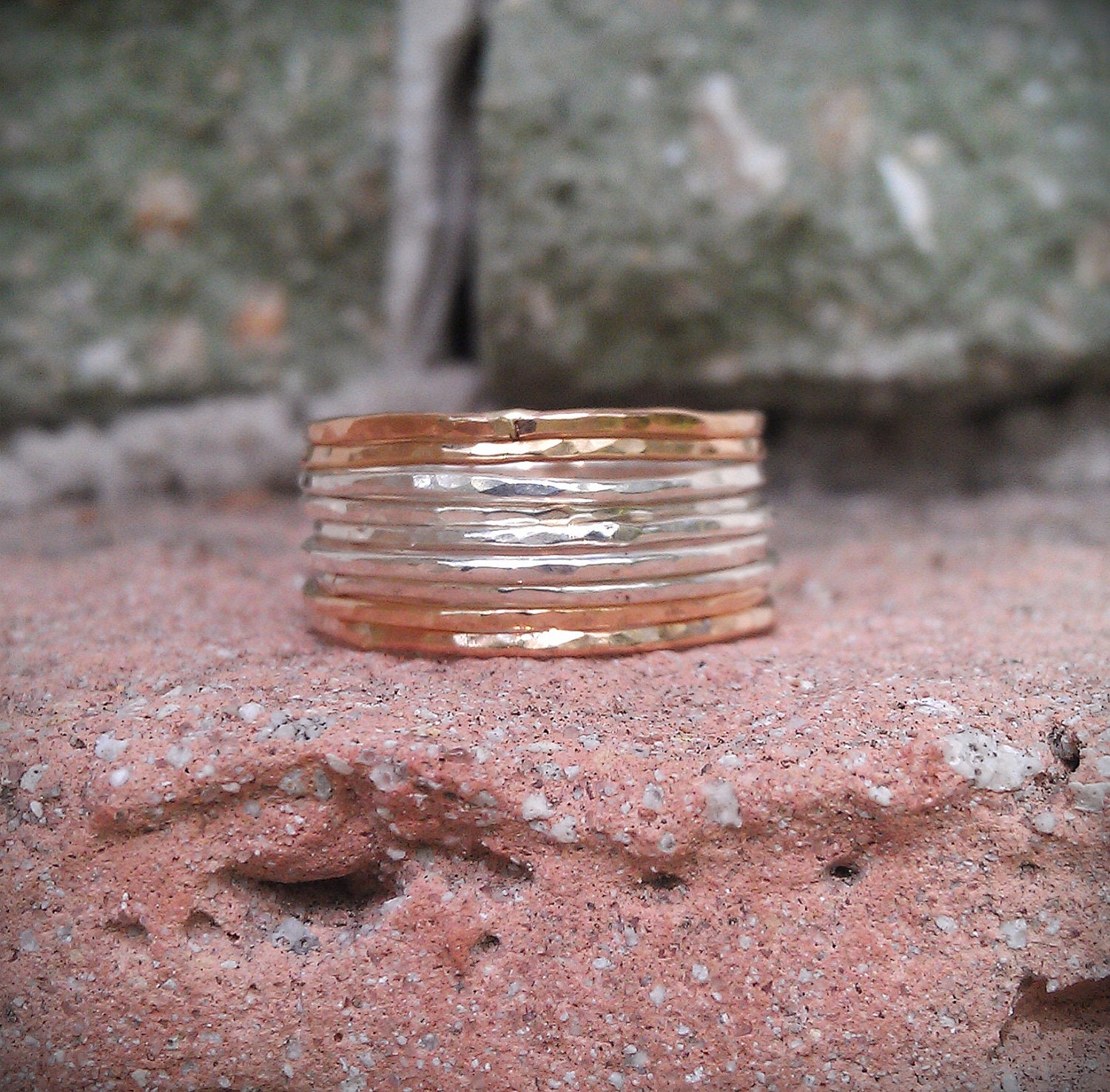 Hammered Stack Rings- Mixed metals- Set of 9 hammered rings in sterling silver and 14k gold filled