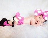 EXCLUSIVE Line Disney Inspired Crochet Newborn Minnie Mouse Outfit: Headband, Diaper Cover with Tutu Skirt and Shoes - in PINK Photo. Prop
