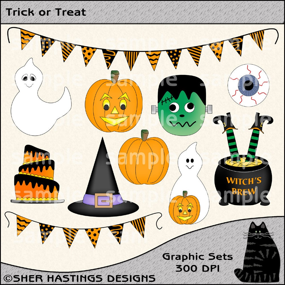 Trick or Treat Clipart and Graphic Set, Halloween Clipart, Fall Clipart - Digital Scrapbooking Kit
