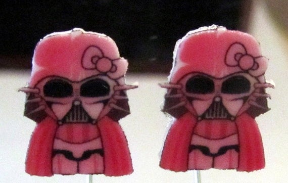 Hello Kitty Inspired Pink Darth Vader Kitty Stud Earrings Handmade
