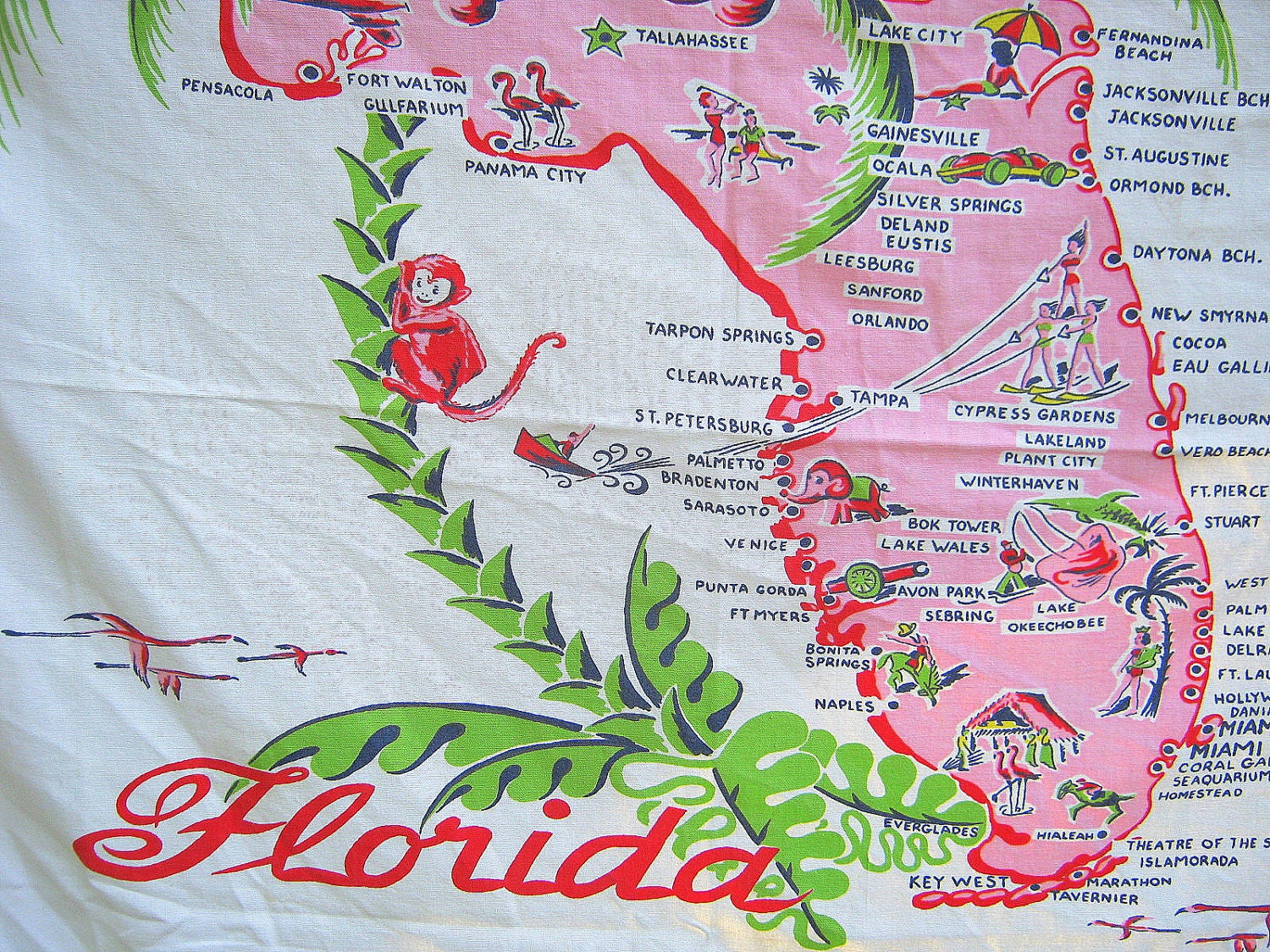 Vintage Florida Tablecloth State Souvenir Pink Flamingos Hibiscus Table Linens Retro