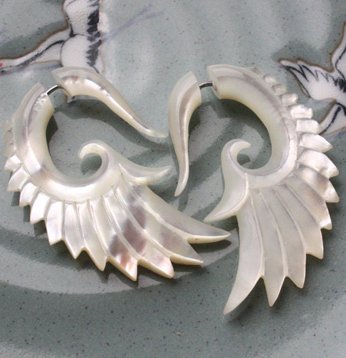 BRAVE Wing Earrings - Natural Mother of Pearl - Hand Carved Organic Fake Gauges