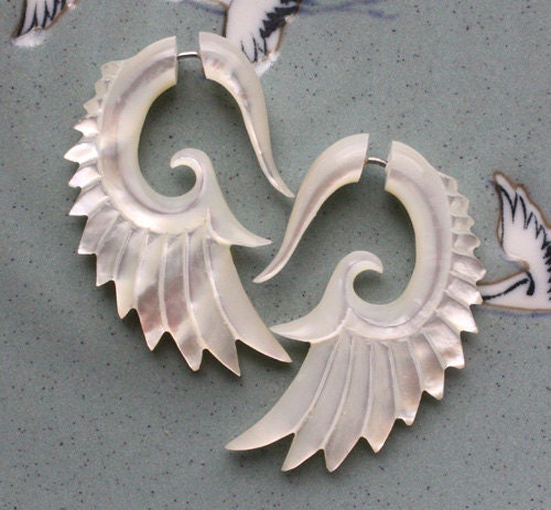 BRAVE Wing Earrings - Natural Mother of Pearl - Hand Carved Organic Fake Gauges