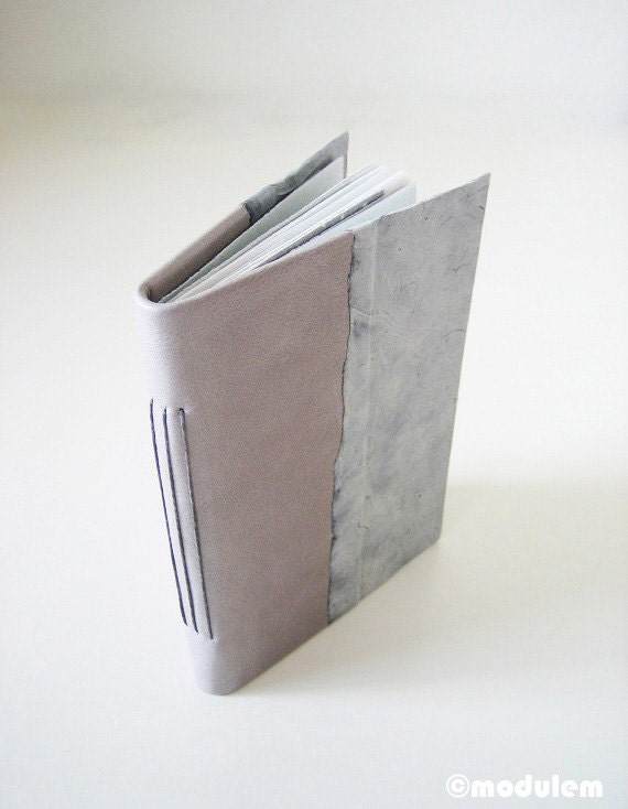 Le petit gris (The little grey), handmade notebook, scrapbook, pocket journal, upcycled leather, mixed paper, light teal, greyish blue, 4x6