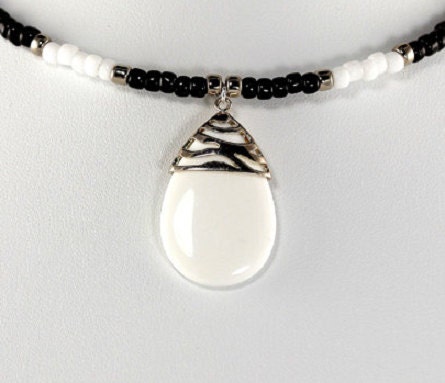 Choker Necklace in Black and White with Sterling Silver Pendant