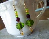 Lime Green Faceted Lampwork Bead Earrings with Garnet Red Czech Glass Beads and lime and amber seed beads