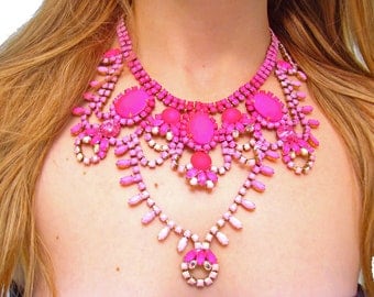 Ombre Gradient Pink One of a Kind Neon Handpainted Vintage Rhinestone Necklace (Example)