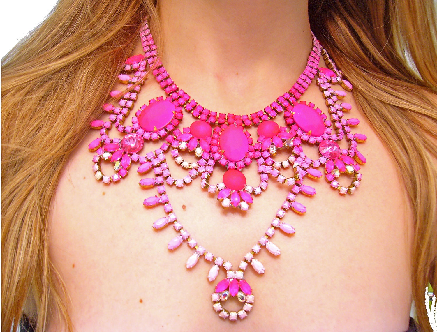 Ombre Gradient Pink One of a Kind Neon Handpainted Vintage Rhinestone Necklace (Example)