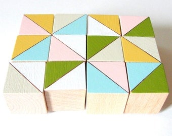 12 Color Block Magnets - Hand Painted Wood Blocks in DUBLIN SET (Pink, Aqua, Olive) - Geometric, Triangles, Color Block
