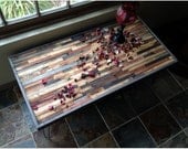 Vintage and Modern Mosaic Coffee Table - Reclaimed Upcycle Rustic Wood with Vintage Eames Style Steel Hairpin Legs
