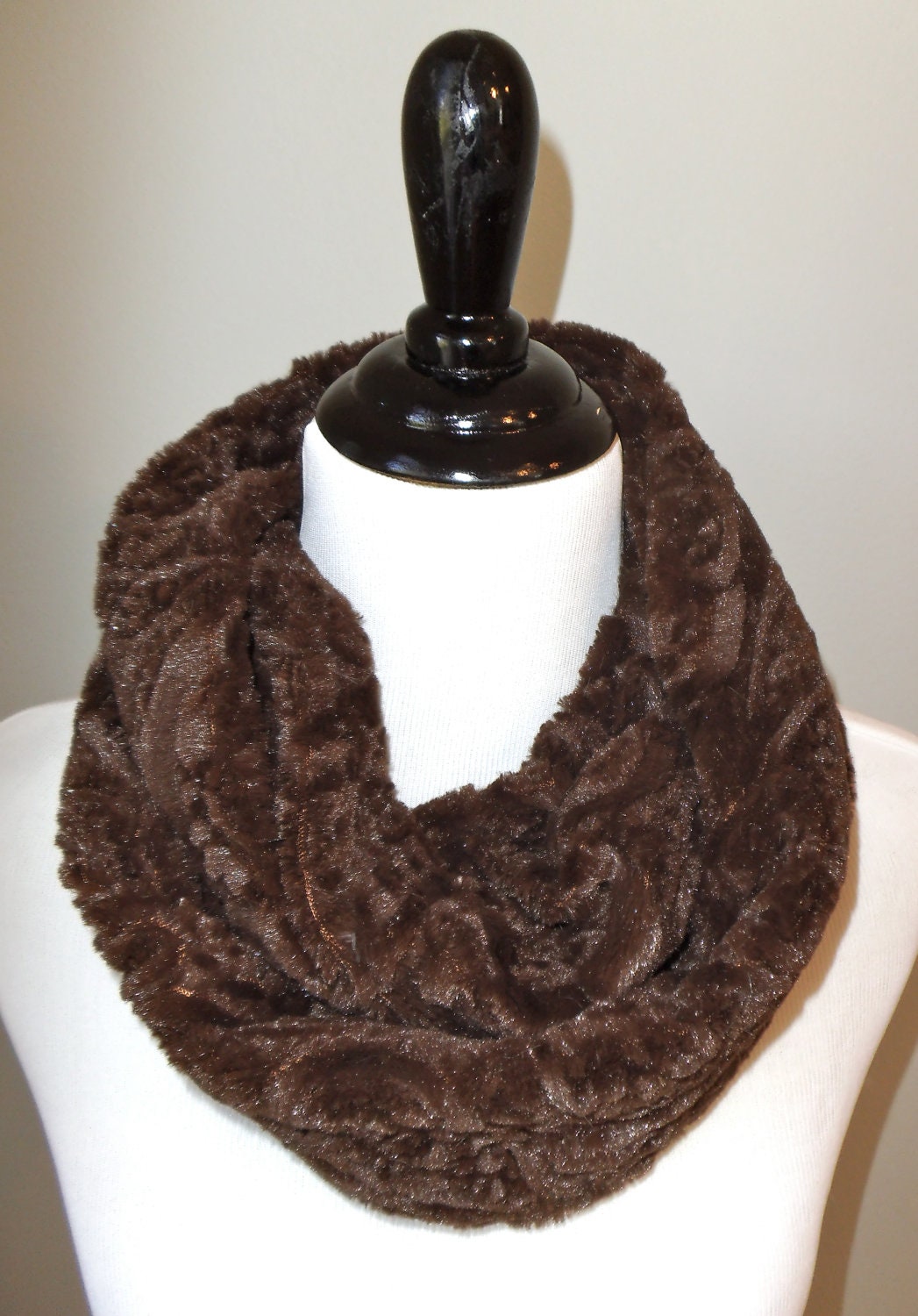 Minky Infinity Scarf  - Chocolate Brown Paisley Textured Minky -  Faux Fur - Warm and Soft - Loop Scarf