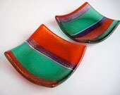 Fused glass dishes - green, orange, purple dichroic glass hand painted set of two