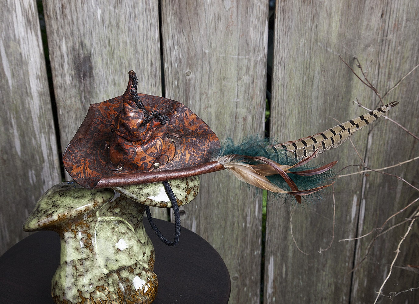 R U a GOOD Witch or a BAD Witch, Rustic Brown Robin Hood Inspired Feathery Leathery Lil' Witch Hat, Pheasant, Fascinator, Headpiece, OOAK