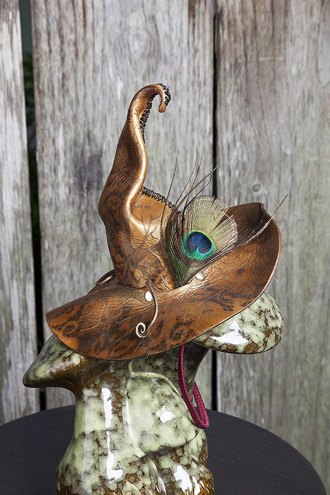 R U a GOOD Witch or a BAD Witch...Golden Tree Branches Leaf Feathery Leathery Lil' Witch Hat, Peacock, Fascinator, Headpiece, Costume, OOAK