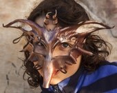 Fairy Fox Leather Mask, Shimmering Mauve/Sienna Brown, Lambswool Fur, Samhain, Halloween, Costume, Hand sculpted, Fairie, OOAK