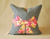 Vintage Pillow Cover Navy Stripes with Ikat Bow 16"x16"