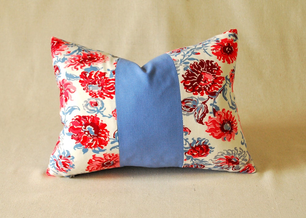 Watercolor Pillow Cover Vintage Floral and French Blue Color Block 14"x18"