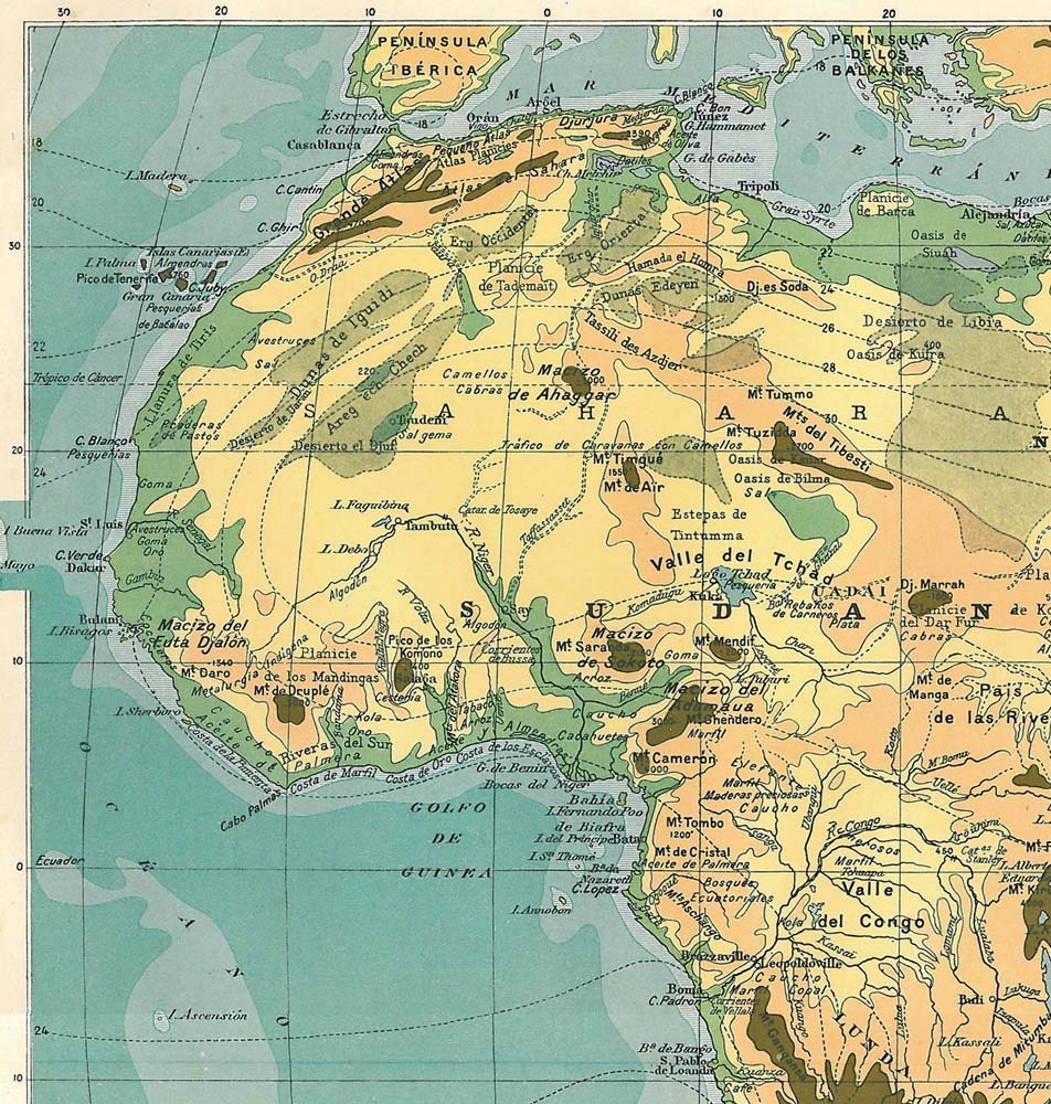 Physical Map Africa 1910s 100 Years Old Lithograph