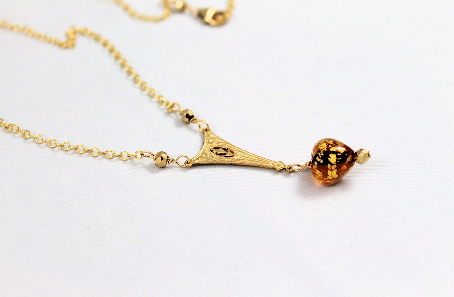 Murano heart necklace topaz gold foiled Venetian bead gold filled art deco pendant pyrite nuggets geometric minimalist modern