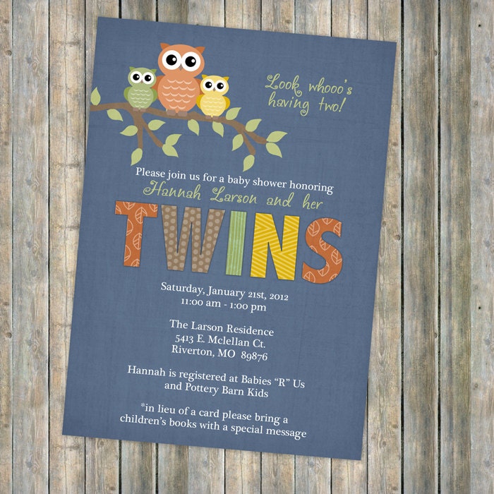 Twins owl baby shower invitations,  twin baby  shower invitation with owls, Digital, Printable file
