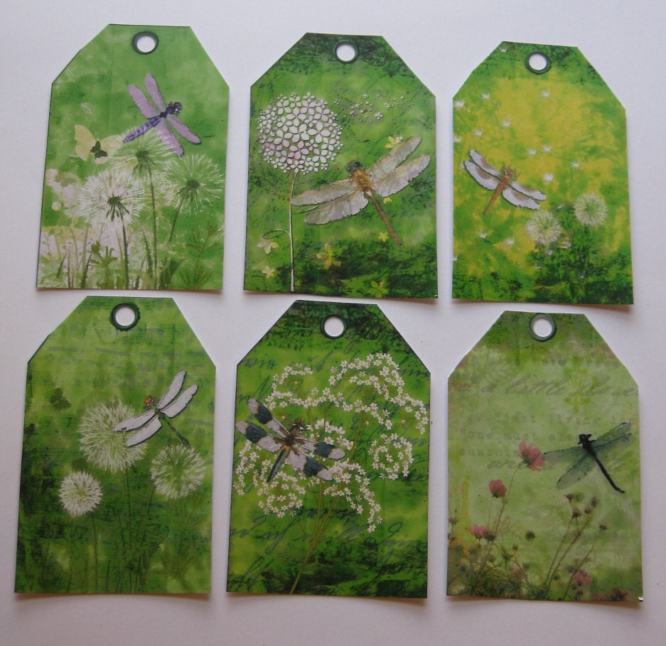 6 Dragonfly & Floral Tags