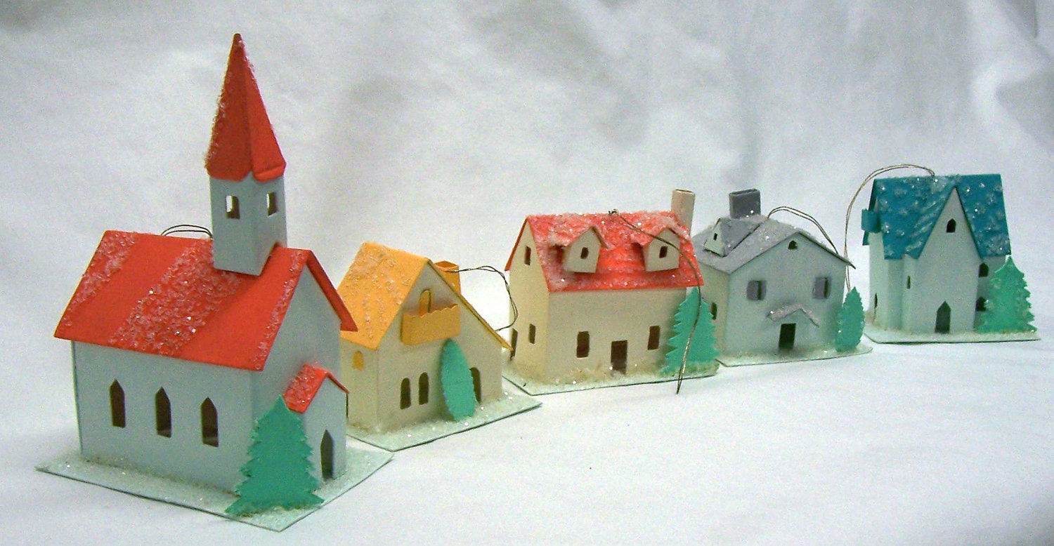 English Countryside Winter Village. Vintage Putz Houses
