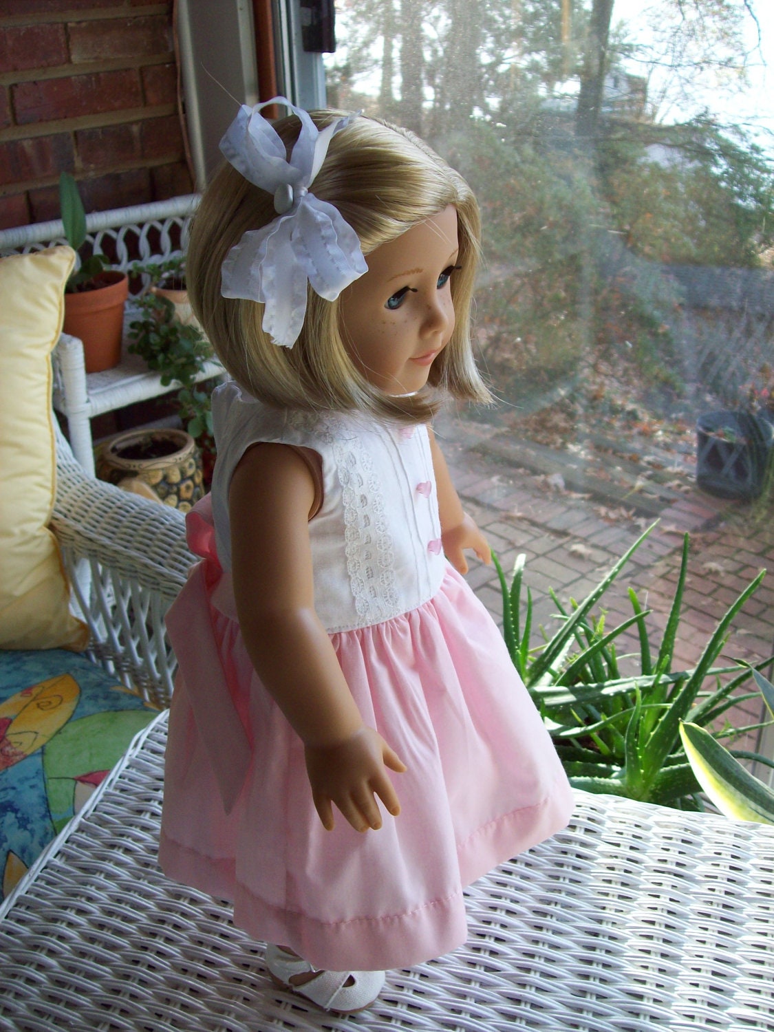 American Girl Doll Clothes 18 inch doll dress. Pink and white dress and satin slip.