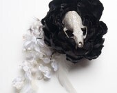 black flower hair clip with encrusted real mink skull