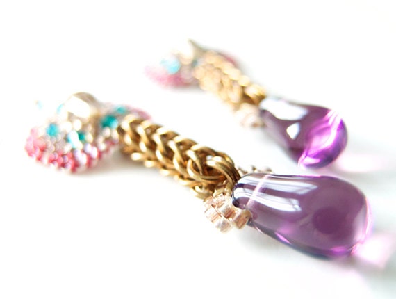 Purple Flower Earrings, Gold Chainmaille Earrings, Amethyst Earrings, Luxe Earrings, French inspired, OOAK by JeannieRichard