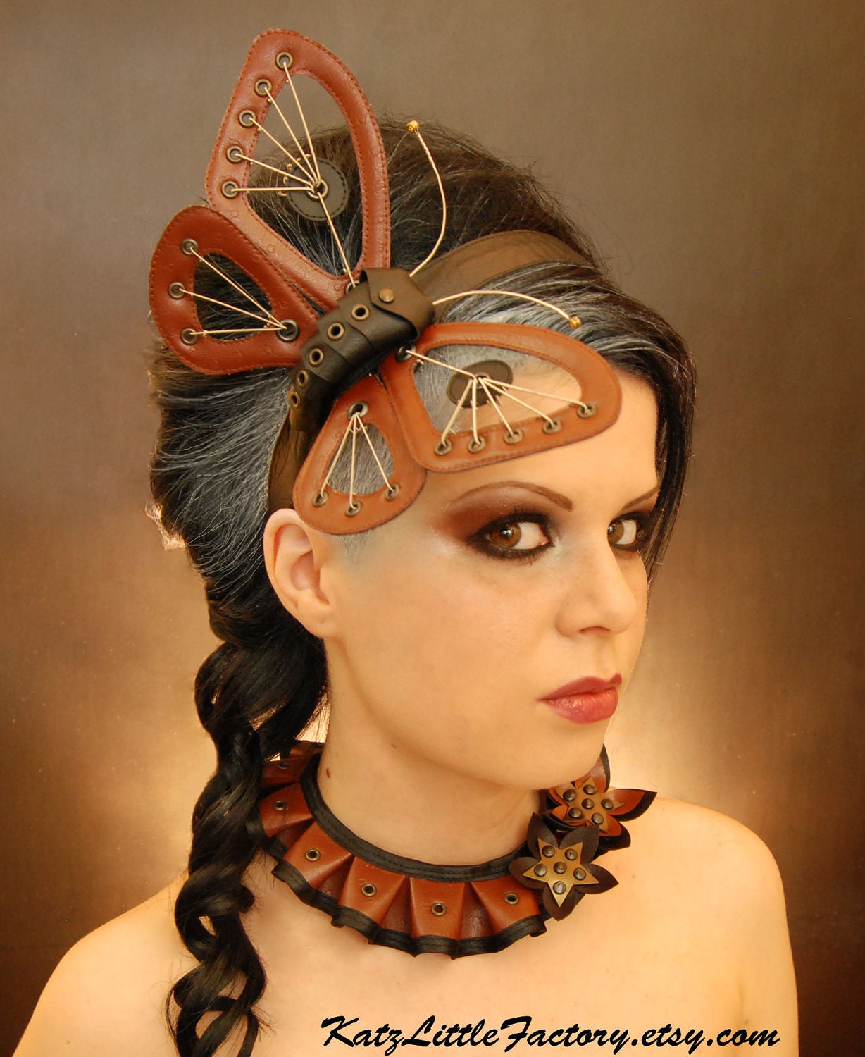 Steampunk inspired chocolate brown artificial leather PVC neck ruff with Cyber Flowers and bronze studs - KatzLittleFactory
