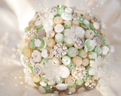 Downton Button Bouquet in ivory, cream and mint green with pearl and fabric flower highlights