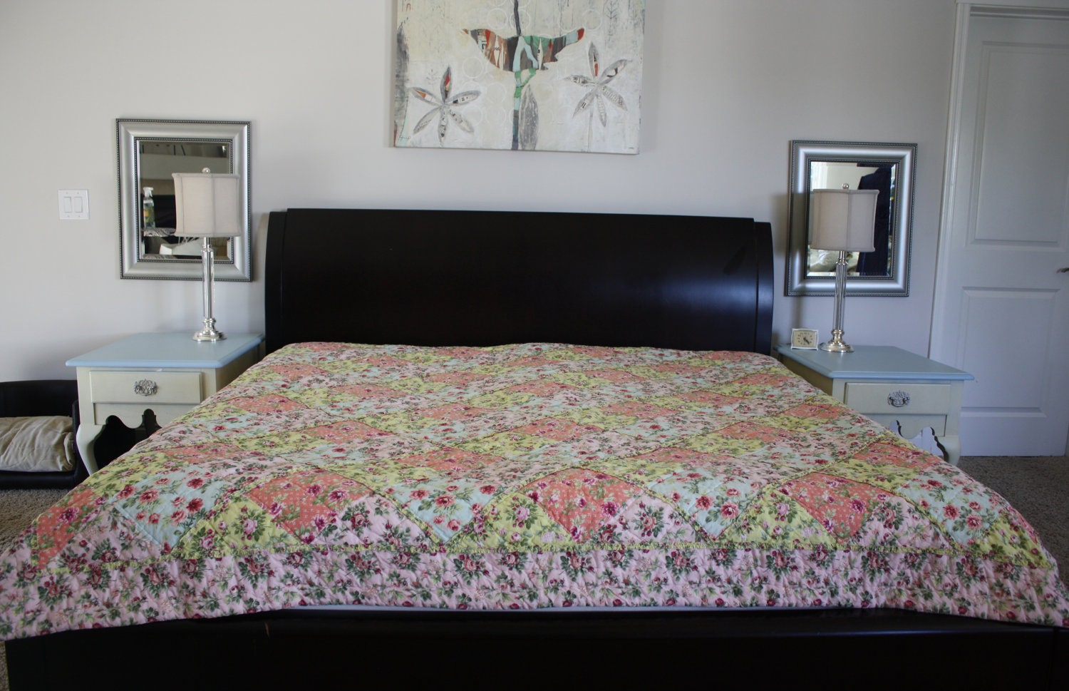Large Shabby Chic Floral Quilt Queen/King 90" x 88"