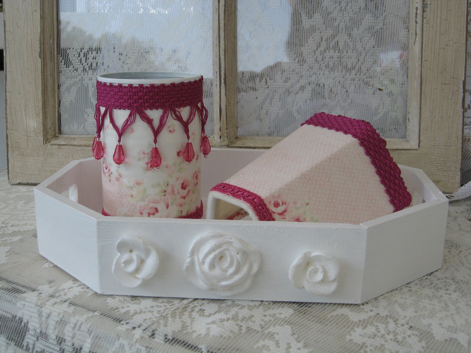 Vanity Desk Set For Her, Shabby Chic Pink And White Tray Night Light And Pencil Holder