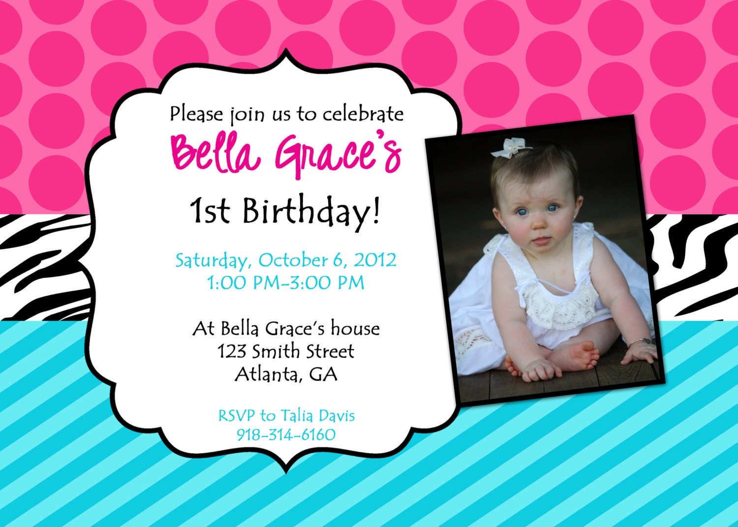 Printable Birght and Sassy Birthday Invitation. Printable Photo Card Invitation with zebra print. Il_570xn
