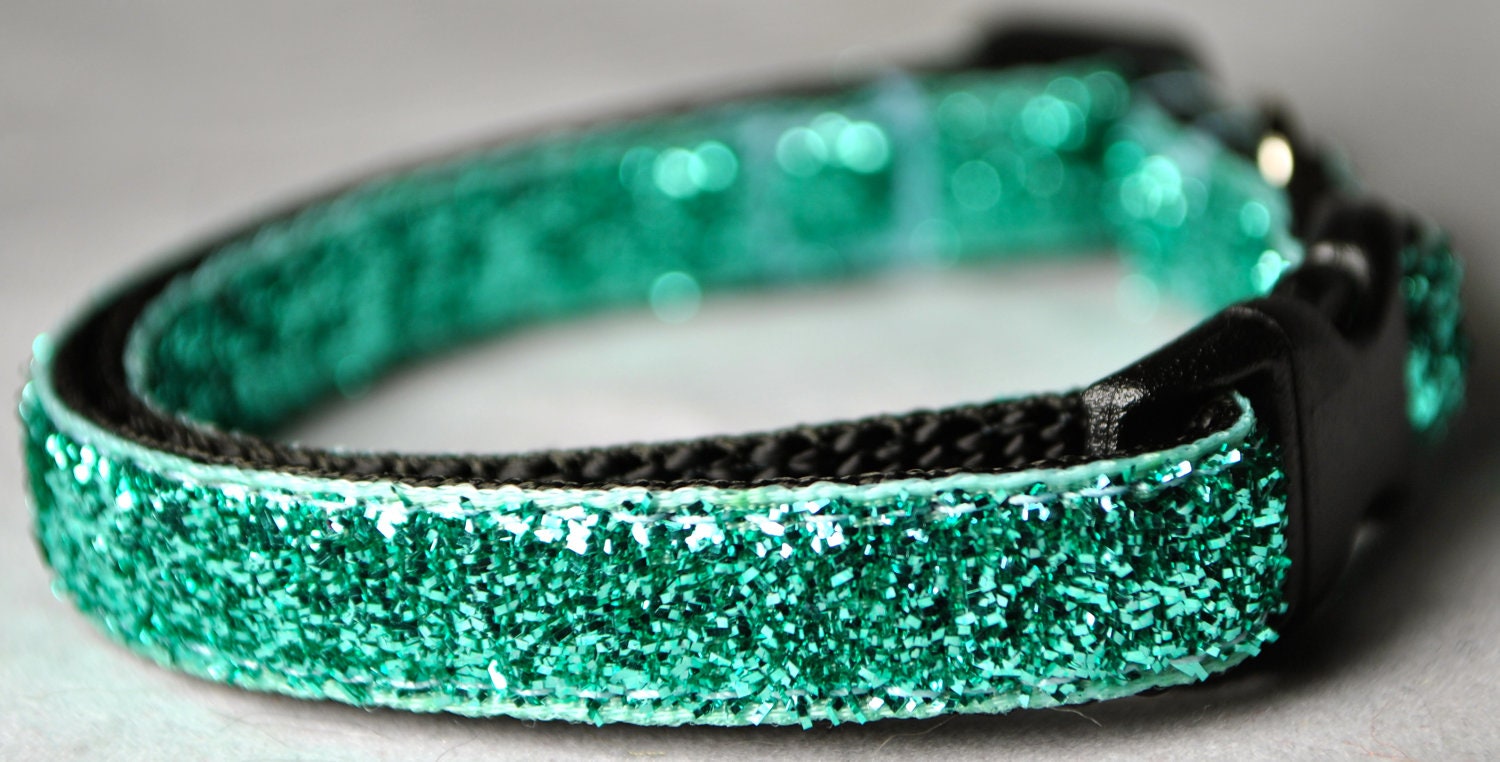Metallic Teal Glitter 3/8 Adjustable Dog Collar by swankypaws