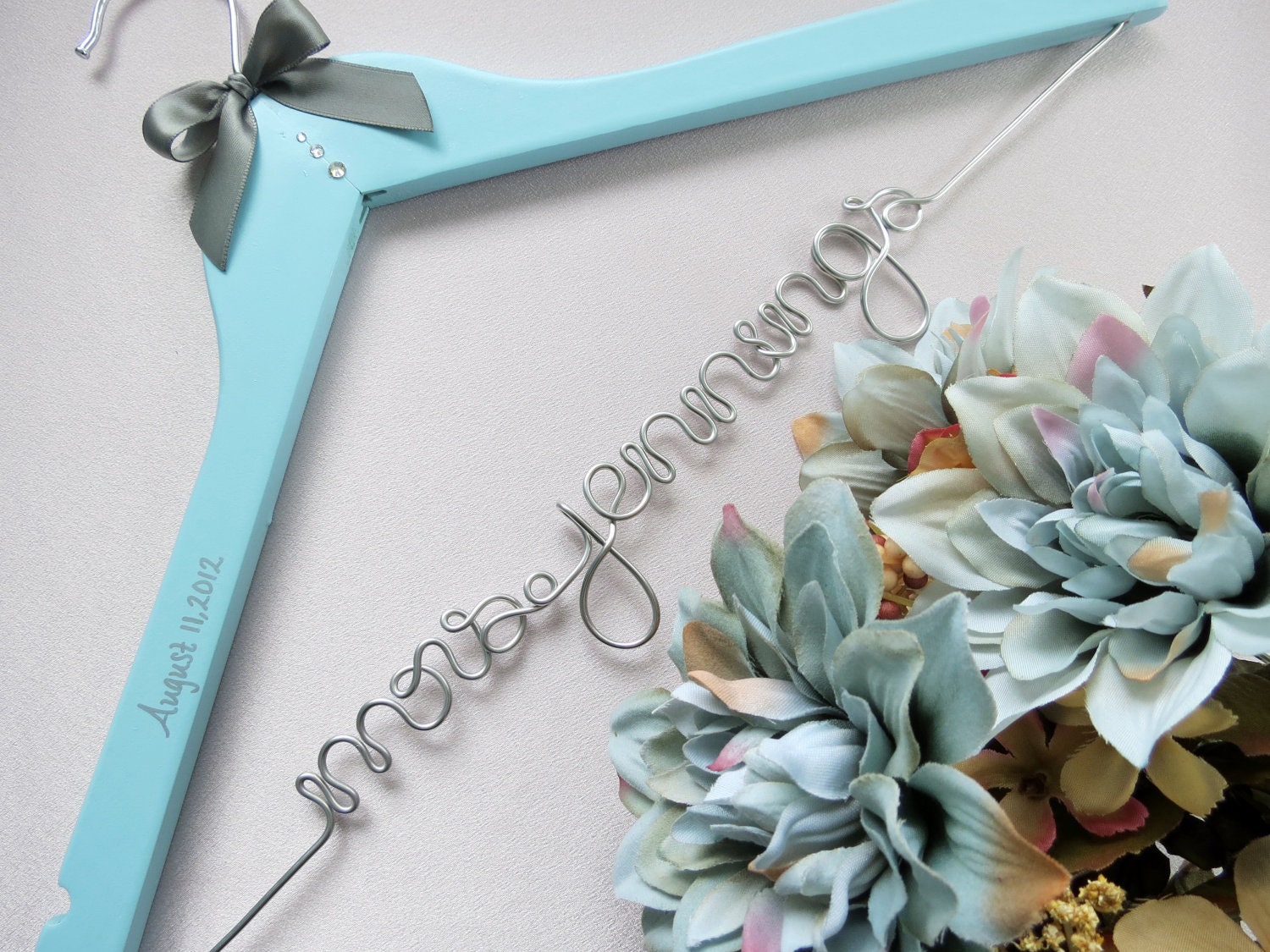 SALE Personalized Wedding Dress Hanger, Painted Hanger, Pink or Blue, Something Blue, Swarovski Crystals