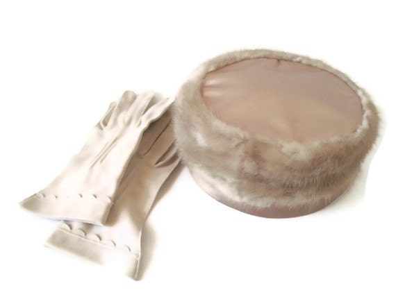 Mink Pill Box Hat, Sears Fashion Millinery, Includes Pair of Vintage Gloves With Scalloping