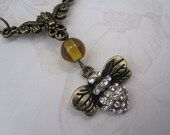 Bee Necklace Crystal Rhinestone Brass Bronze Honey Yellow Glass Bead Vintage Look