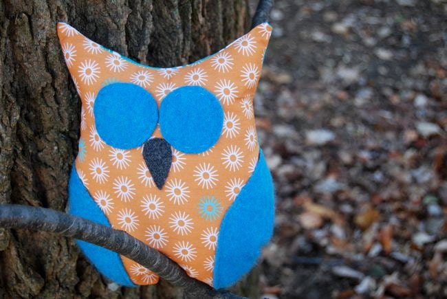 Stuffed Owl Handmade Plush Toy / Orange Starburst Hoot Owl / Stuffed Animal Blue Eyes