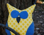 Owl Handmade Plush Toy / Yellow Polka Dot Blue Eyes / Green Blue Ikat Back / Stuffed Animal