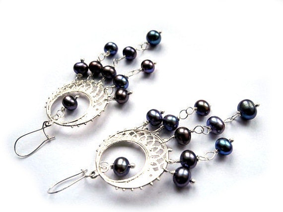 Long silver earrings freshwater pearls, purple plum dark black, beach shell, round circle, unique fantasy pirate girl - NurrgulaJewellery
